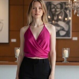 NEW Hot Pink Satin Halter Wrap Crop Top Draped‎ Tie Back 90s Barbiecore Girly M